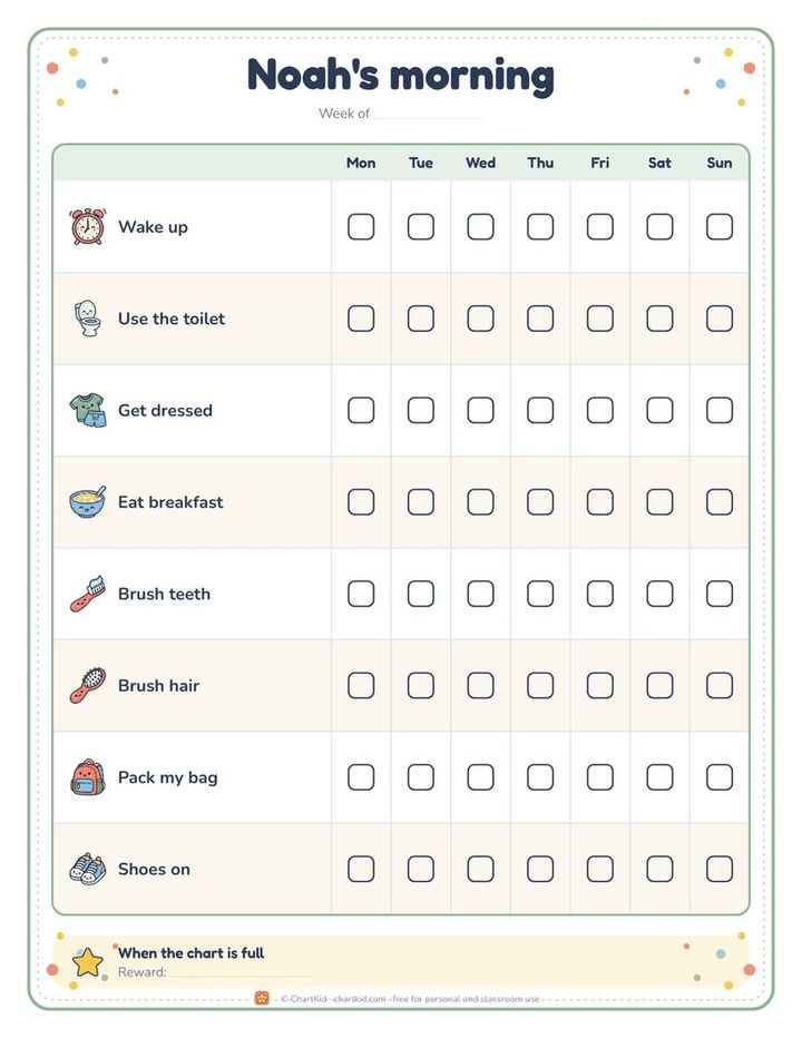 Bedtime routine chart, space theme, seven steps in order with a box for each night