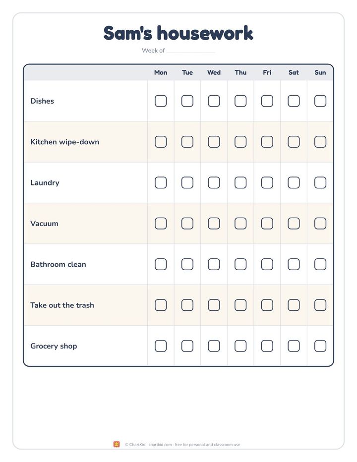 Adult chore chart, minimal theme, seven weekly housework tasks with checkboxes