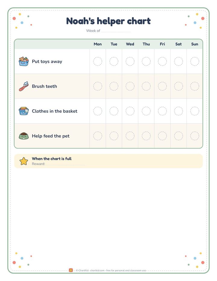 Teen chore chart, study theme, seven chores with a Total column and weekly goal