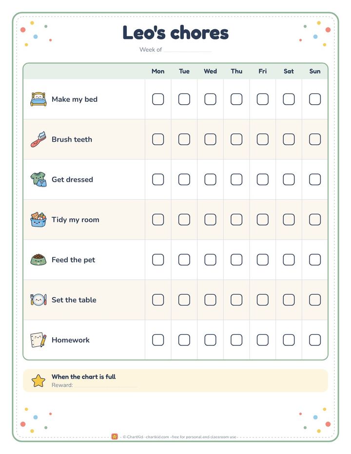 Weekly chore chart, dinosaur theme, seven chores with checkboxes