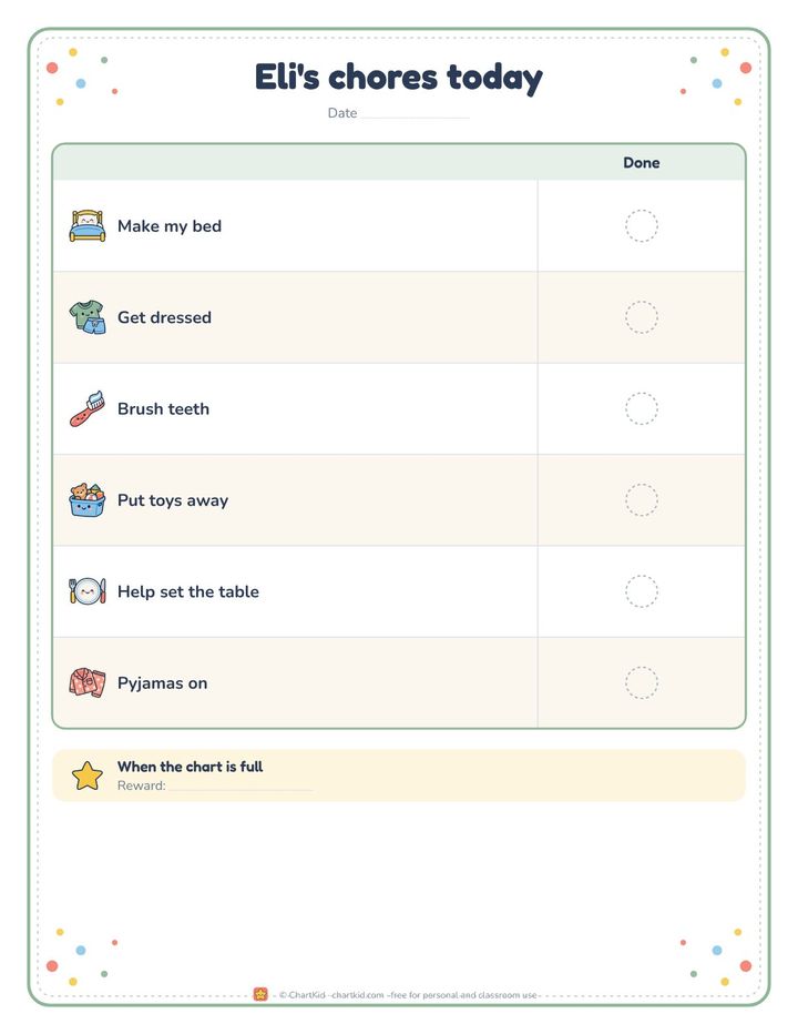 Daily chore chart, rainbow theme, six chores with one big sticker space each