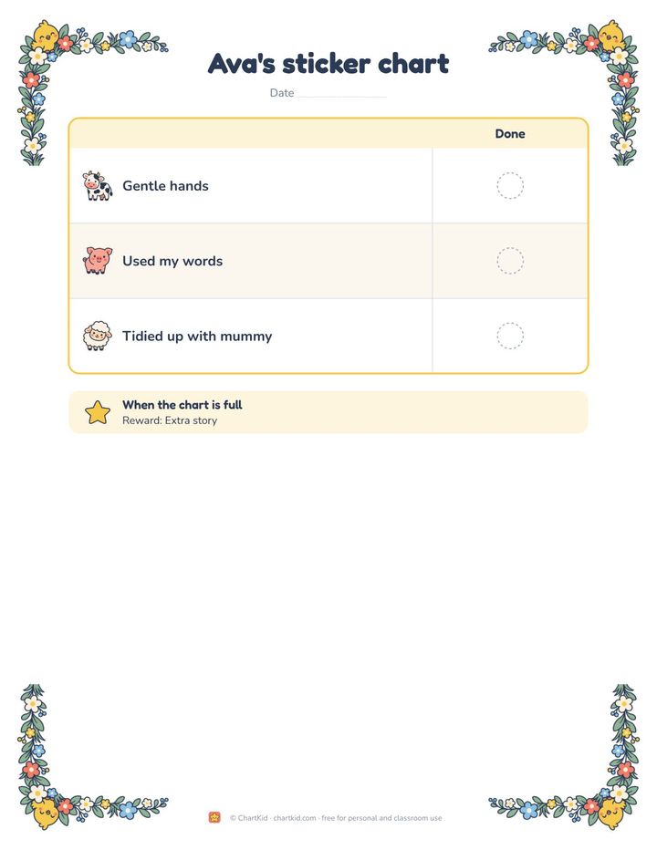 Potty training chart, ocean theme, five steps with sticker spaces across the week