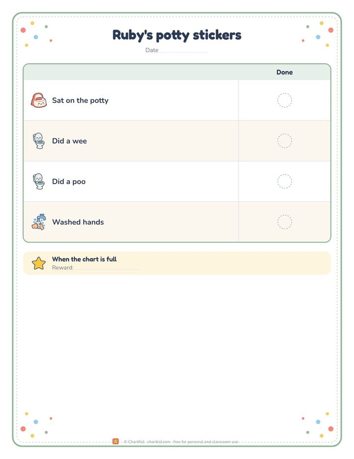 Potty training sticker chart, rainbow theme, four steps with large daily sticker spaces