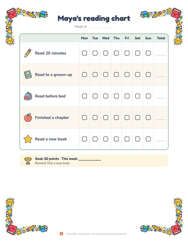 Reading reward chart, classroom theme, five reading goals with checkboxes and a weekly total