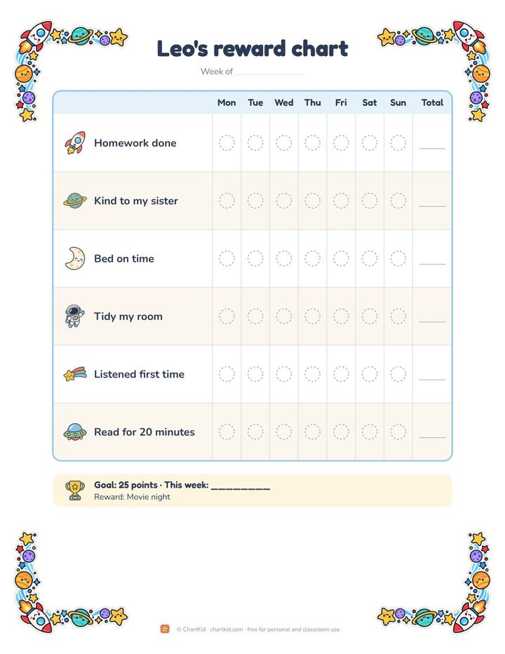 Reward chart for kids, space theme, six goals with sticker spaces, Total column and a movie night reward