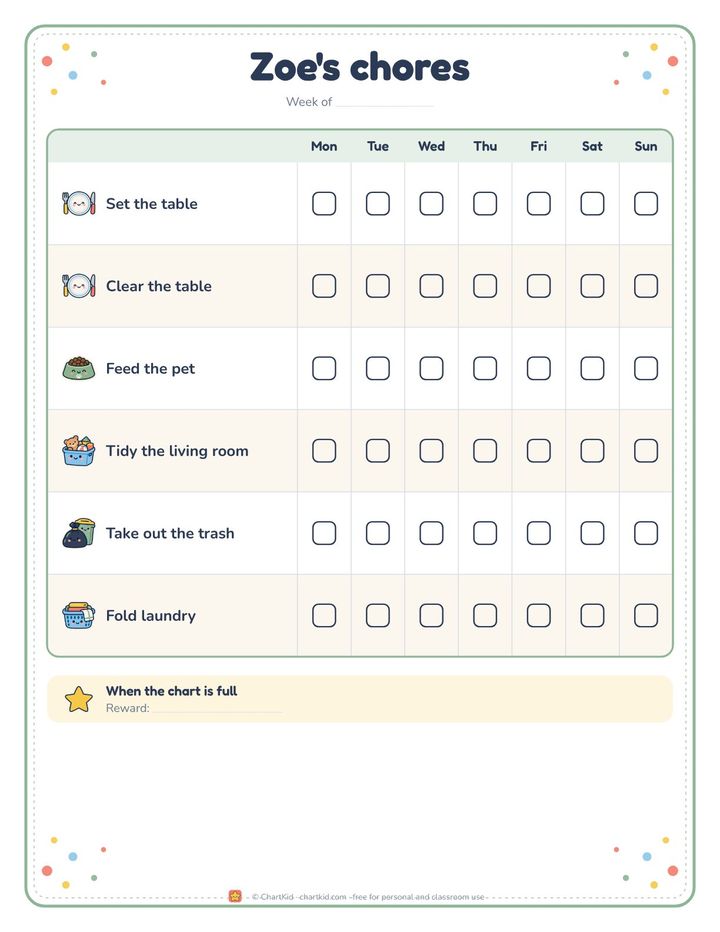 Roommate chore chart, minimal theme, six shared jobs across a week