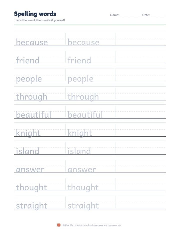 Spelling worksheet with ten words to trace on handwriting lines