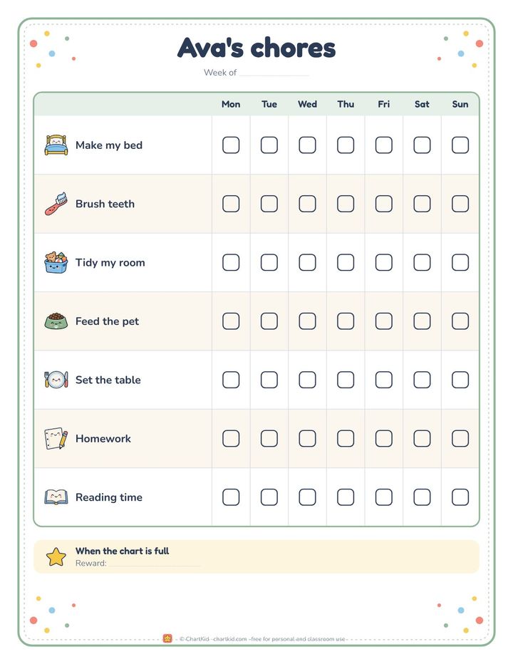 Weekly chore chart, ocean theme, seven chores Monday to Sunday