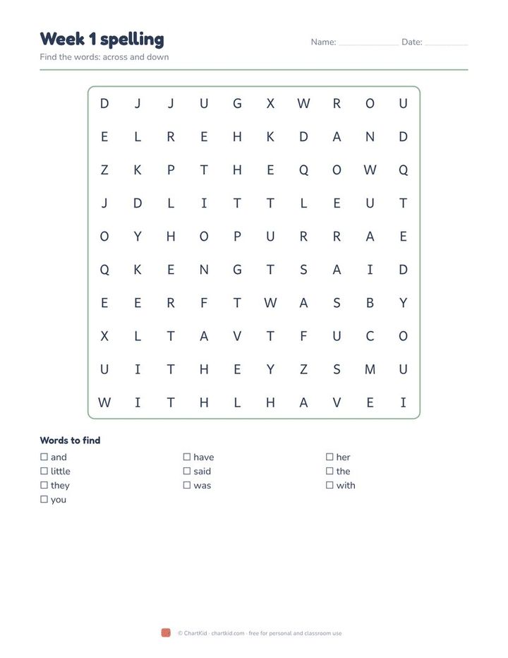 Word search spelling worksheet with a grid of letters and the word list below