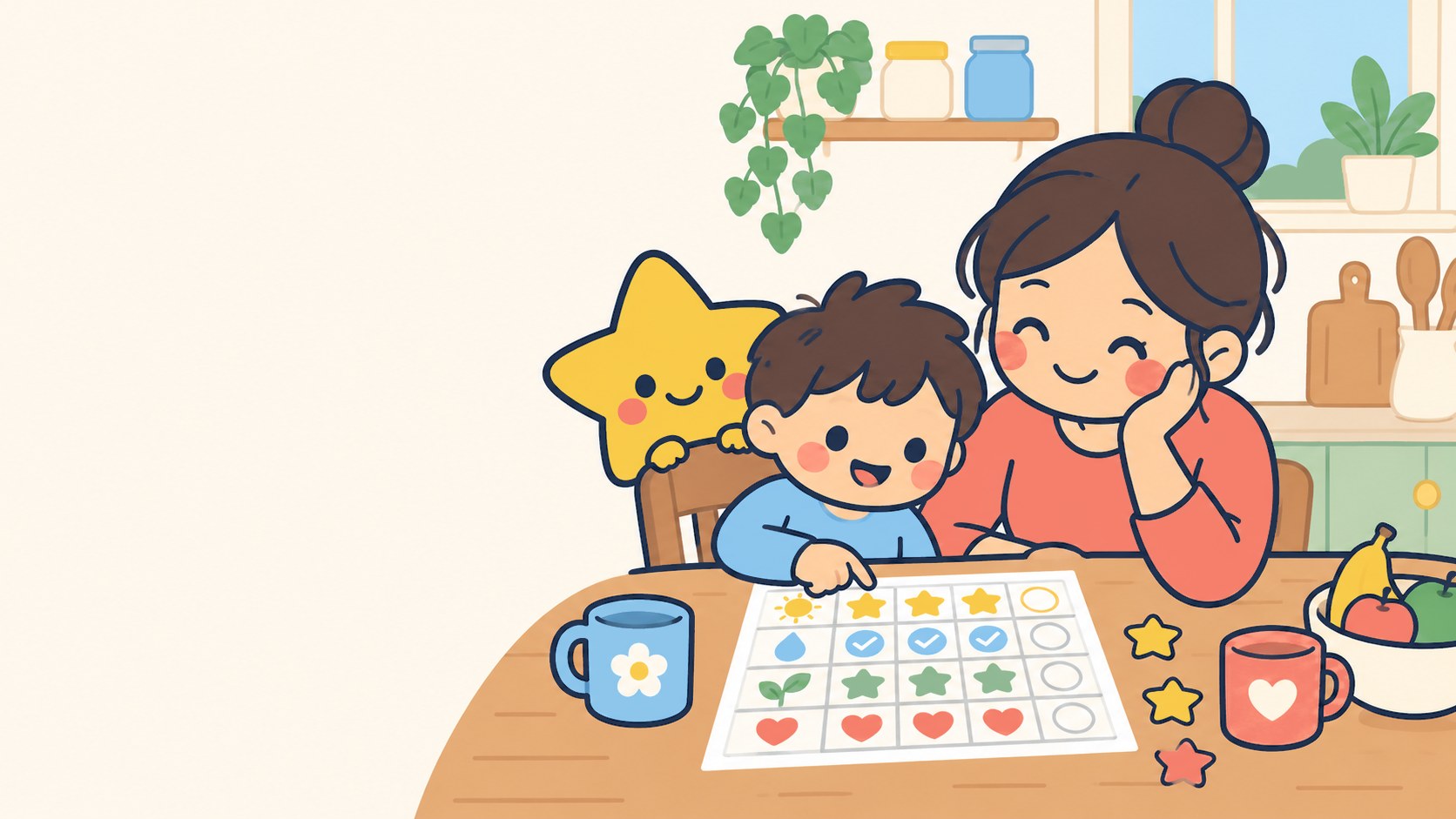 A parent and child at the kitchen table filling in a sticker chart, with the ChartKid star mascot peeking over the chair